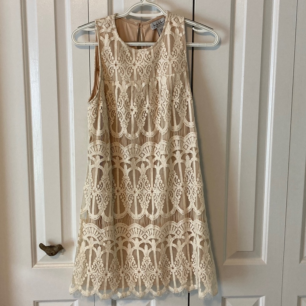 NWT never worn cream and tan lace mini dress. Non smoking home. Size medium.